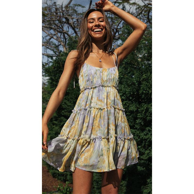 Women's Floral Print Cami Maxi Dress Tie Waist Flowy A-Line Beach Vacation