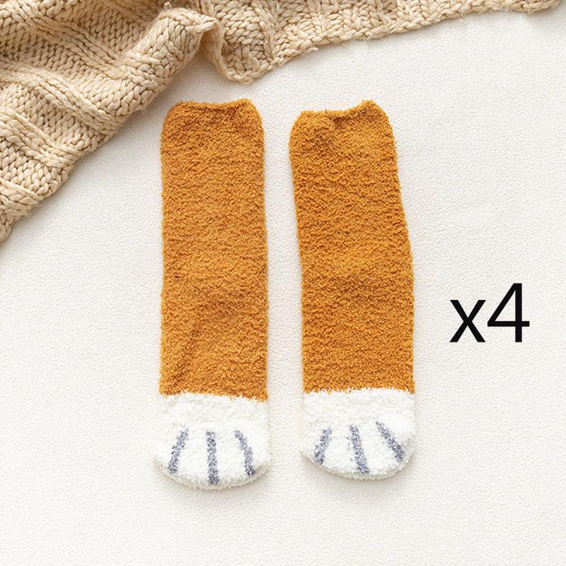 4pairs Winter Coral Fleece Cat Paw Print Socks For Women Men Warm Striped Middle Tube Socks Home Floor Sleeping Socks