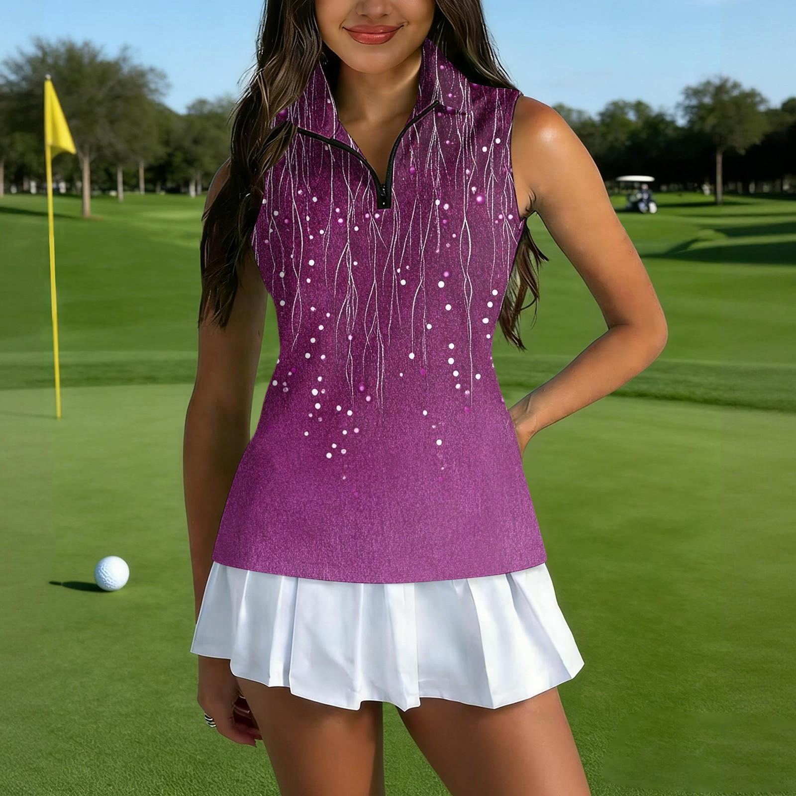 

Women’s Sleeveless Golf Shirt with Zip Collar Print Athletic Tank Top Sports Polo for Outdoor Activities L фиолетовый