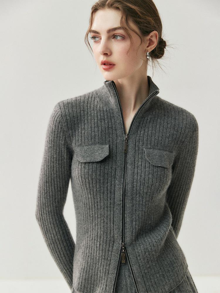 2025 Autumn/Winter Women's High Neck Cashmere Cardigan with Double-Head Zipper and Faux Pocket Detailing