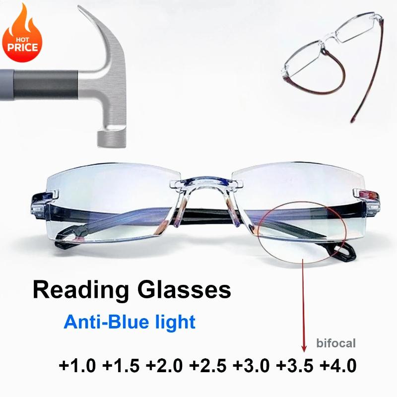 Unisex Scratch Resistant Frameless Blue Light Blocking Bifocal Reading Glasses for Distance and Near Vision Eyeglasses