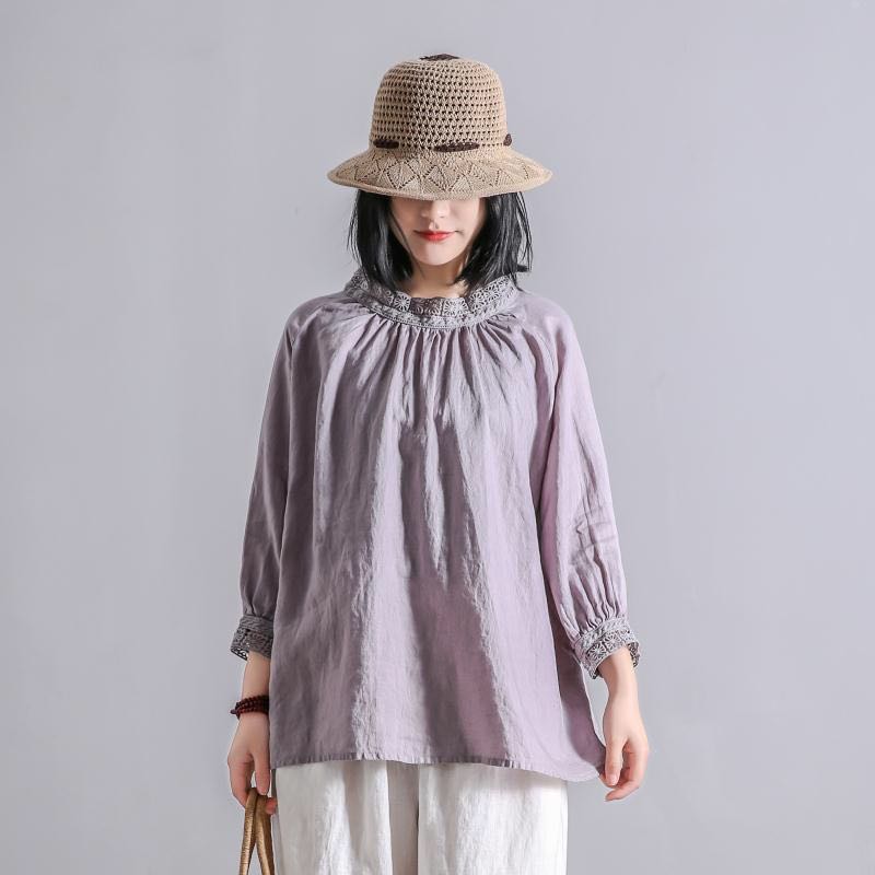 Johnature Summer Vintage Linen Patchwork Lace Loose Solid Color Women Shirts Simple Three Quarter Sleeve Tops