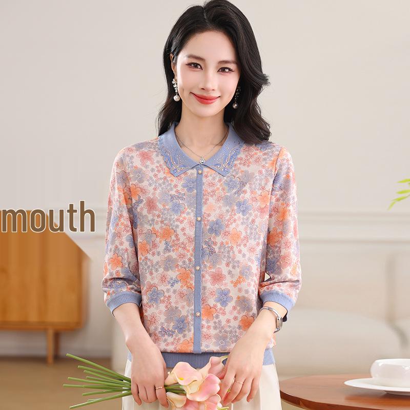 Mom's Spring 2026 Stylish Printed Ice Silk Three-Quarter Sleeve T-shirt for Middle-Aged and Elderly Women