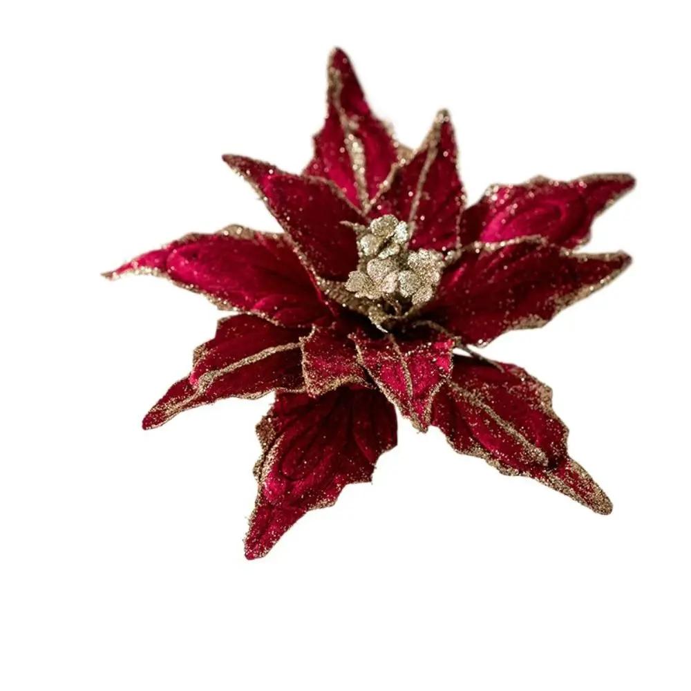 Christmas Gifts Artificial Poinsettia Glitter Flower 21cm Sequin 3D Simulation Magnolia Xmas Tree Decoration Flannel