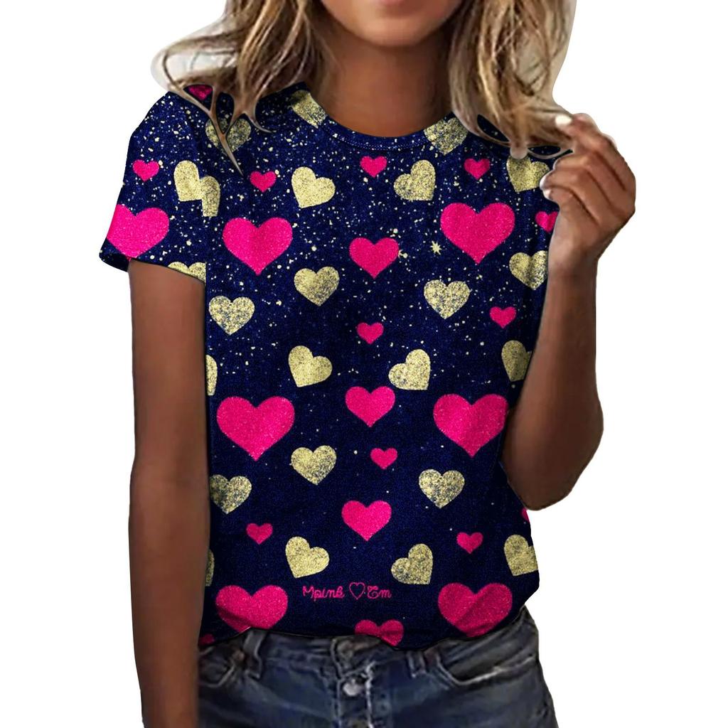 Summer Round Neck 3D Love Flower Print Top Fashionable Casual Short Sleeved Women's T-shirts
