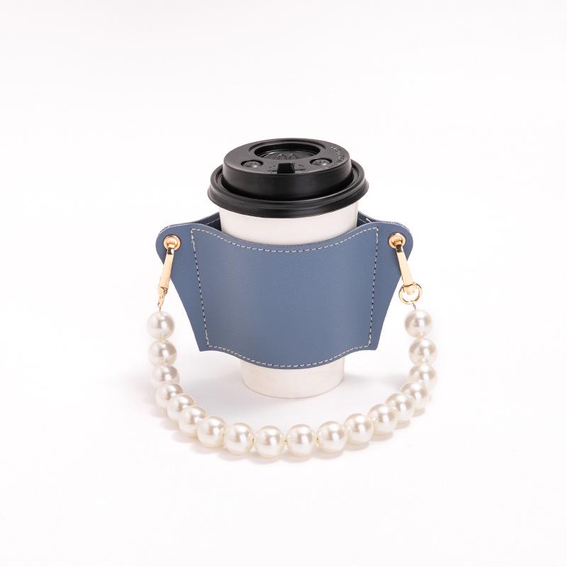 Husă portabilă din piele PU rezistentă la căldură pentru ceașcă de ceai și cafea cu lanț de perle detașabil