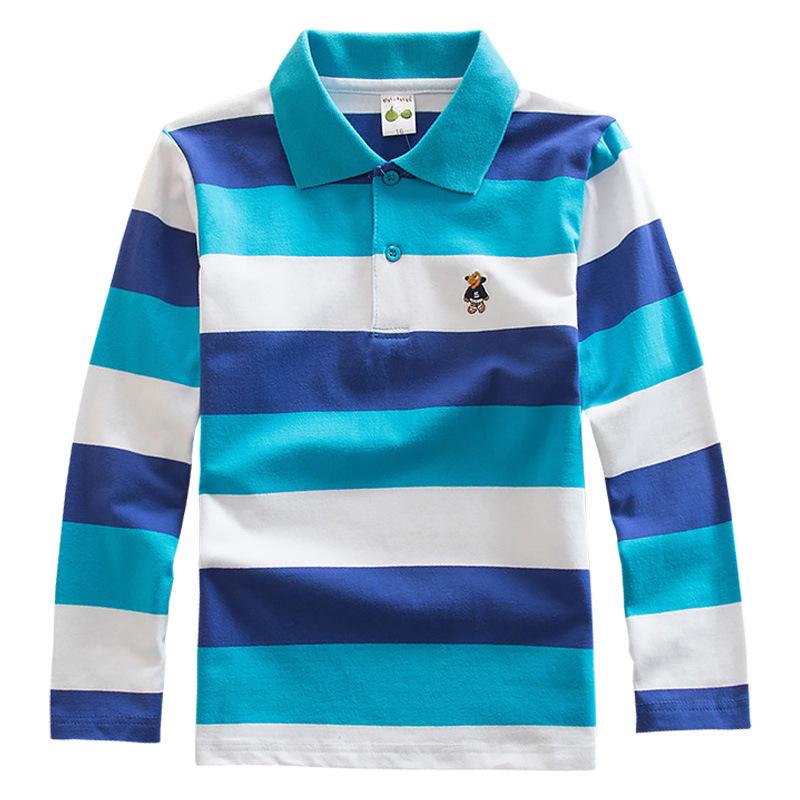 Boys' Korean Style Striped Long-Sleeve Polo Shirt with Turn-Down Collar (Sizes 100-170 cm) - Autumn & Spring Wear