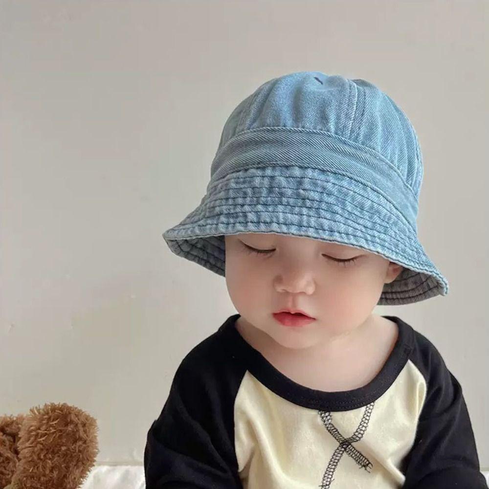 Korean Style Baby Sun Hat Solid Color Children Fisherman Cap Sweet Washed Denim Bucket Hat  Outdoor