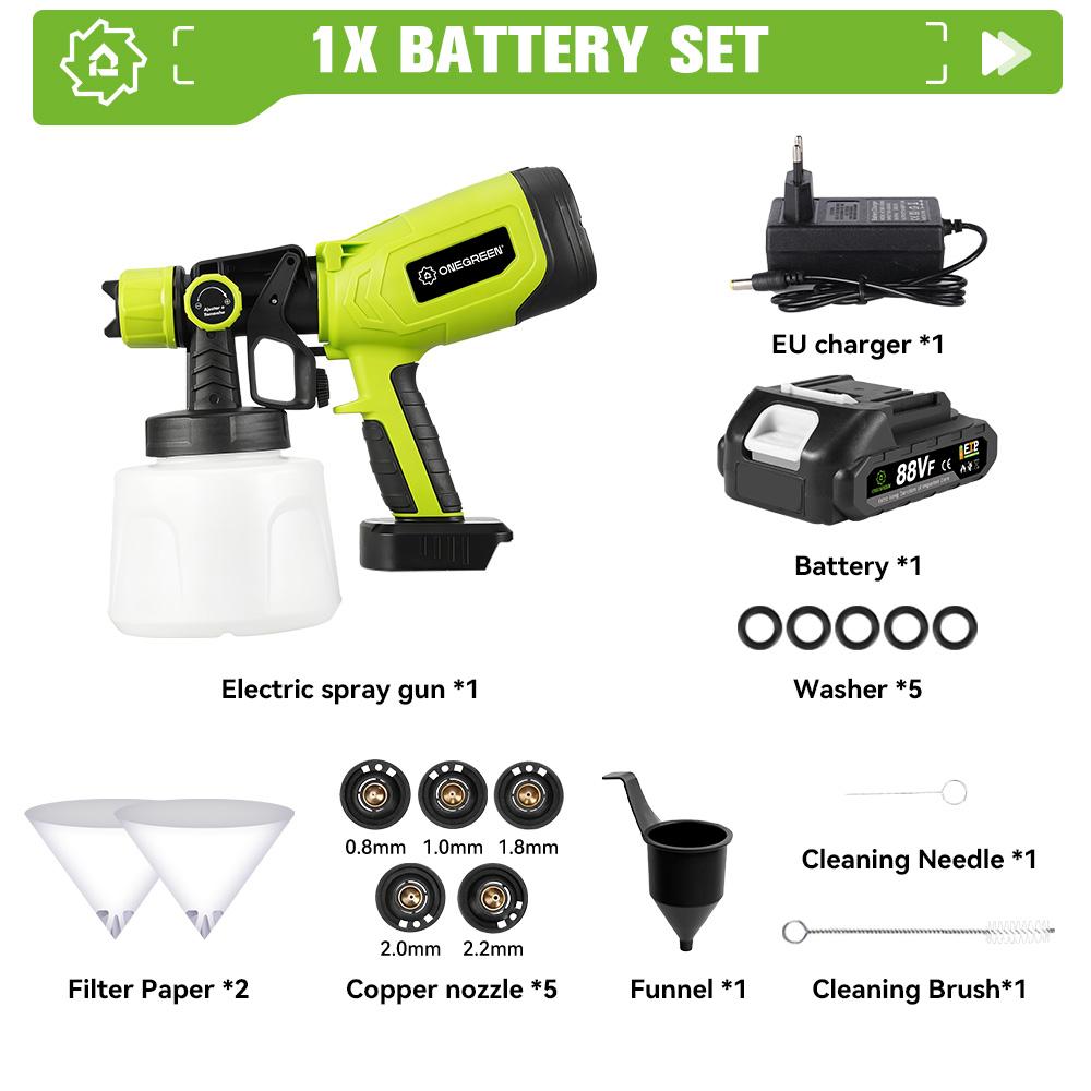 

ONEGREEN 1400ML Electric Spray Gun 850W Cordless Paint Sprayer HVLP Auto Furniture Steel Power Tools For Makita 18V Battery Pin 1 Battery-EU