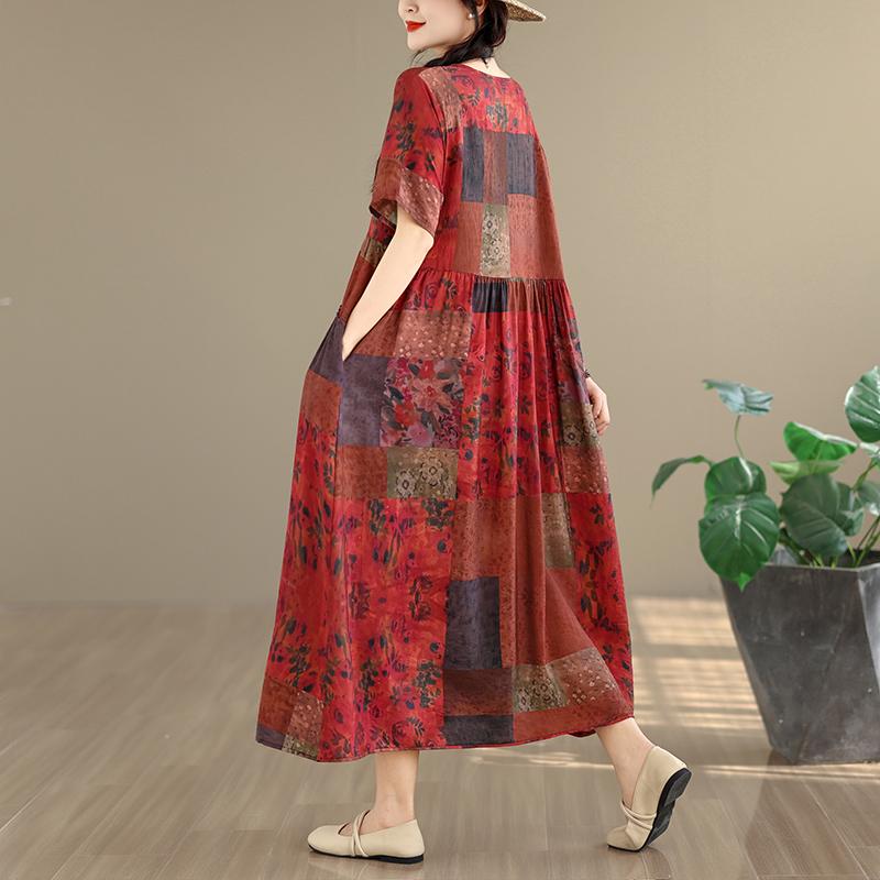 DIMANAF New 2026 Women Plus Size Spring Summer Casual Long Dress Print Red Cotton Loose Oversize Maxi Beach Sundress