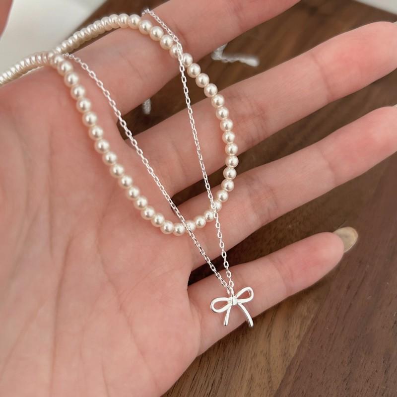 Elegant Double Layered Pendant Necklace With Pearl Bow Charm In Sterling Women Adjustable 41-50cm O-Link Chain
