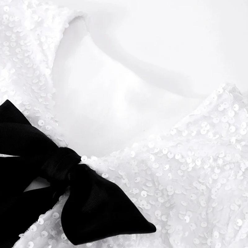 Elegant Bow Handmade Sequins Short Shirt Women Lace-Up Shinny Sweet Top New Fashion Long Sleeve O-neck Blouses Beautiful Thin Coat Casual Outwear