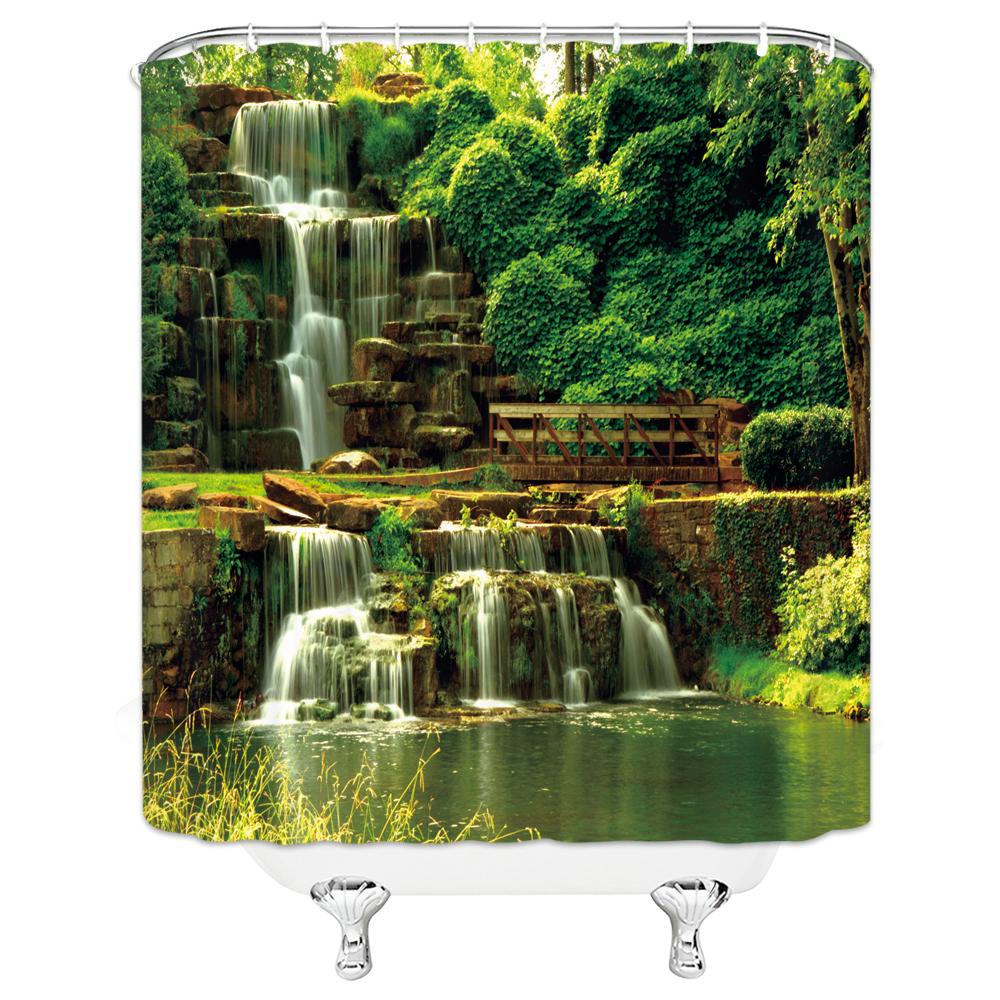 Natural Scenery Waterfall Shower Curtain Plant Lake River Landscape Bath Decor Bathroom Waterproof Polyester Cloth Curtain