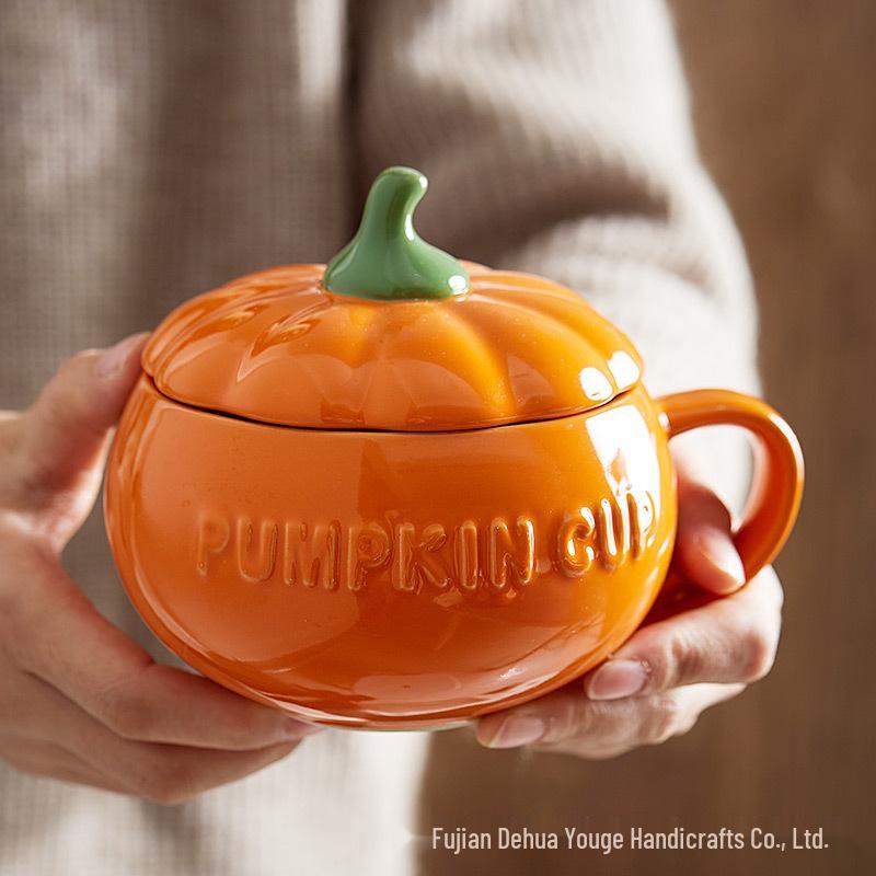 Chic Pumpkin Ceramic Mug with Lid & Spoon - Trendy, High-Value Breakfast Cup for Women