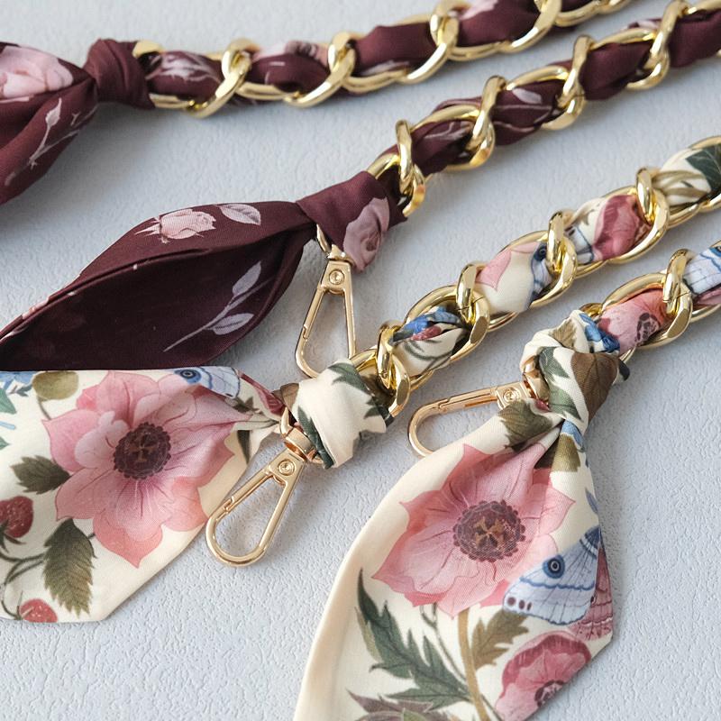 New Fashion Brand Woman Handbag Accessory Chains Detachable Floral Print Gold Silver Metal Silk Shoulder Strap Women DIY Chain Bag Handles