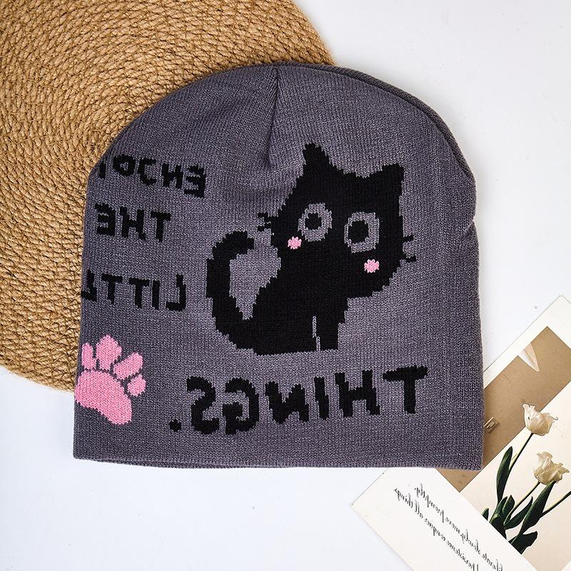 European & American Trend Jacquard Knit Hat - Cute Cat Cartoon Wool Beanie, Simple & Versatile Design