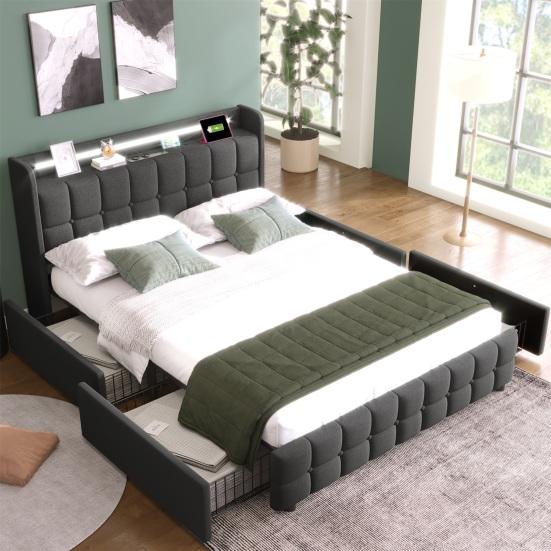 Soft Cushion Headboard Upholstered Bed with 2/4 Drawers USB Charging LED Light Metal Basket Strong Wood Slat Support Bed Bedroom