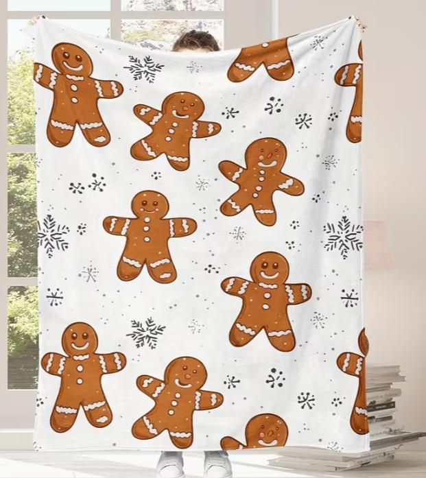 Biscotto di pan di zenzero bianco carino per uomo con motivo a fiocco di neve, coperta stampata super morbida, regalo di Natale, coperta decorativa per soggiorno