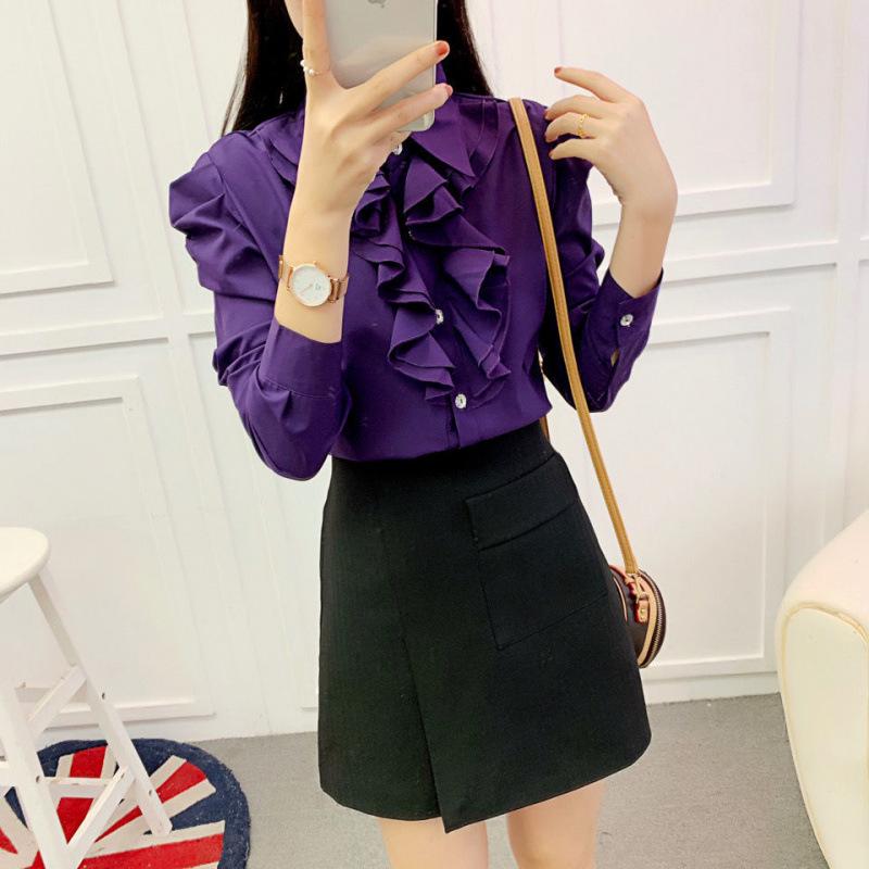 2025 Summer Women s White Chiffon Long Sleeve Shirt with Fashion Ruffle and Stand Collar XL