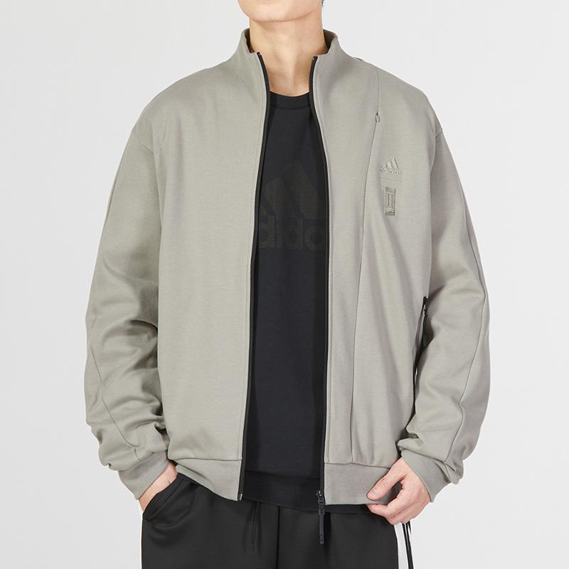 Adidas Essential Logo Embroidered Sports Windbreaker Jacket With Stand Collar Men Outerwear Gray IA8128