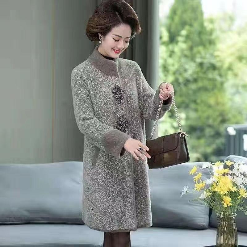 Mother's Long Loose Cardigan Woolen Coat In Autumn and Winter Imitation Mink Velvet Coat for Middle-aged and Elderly Women