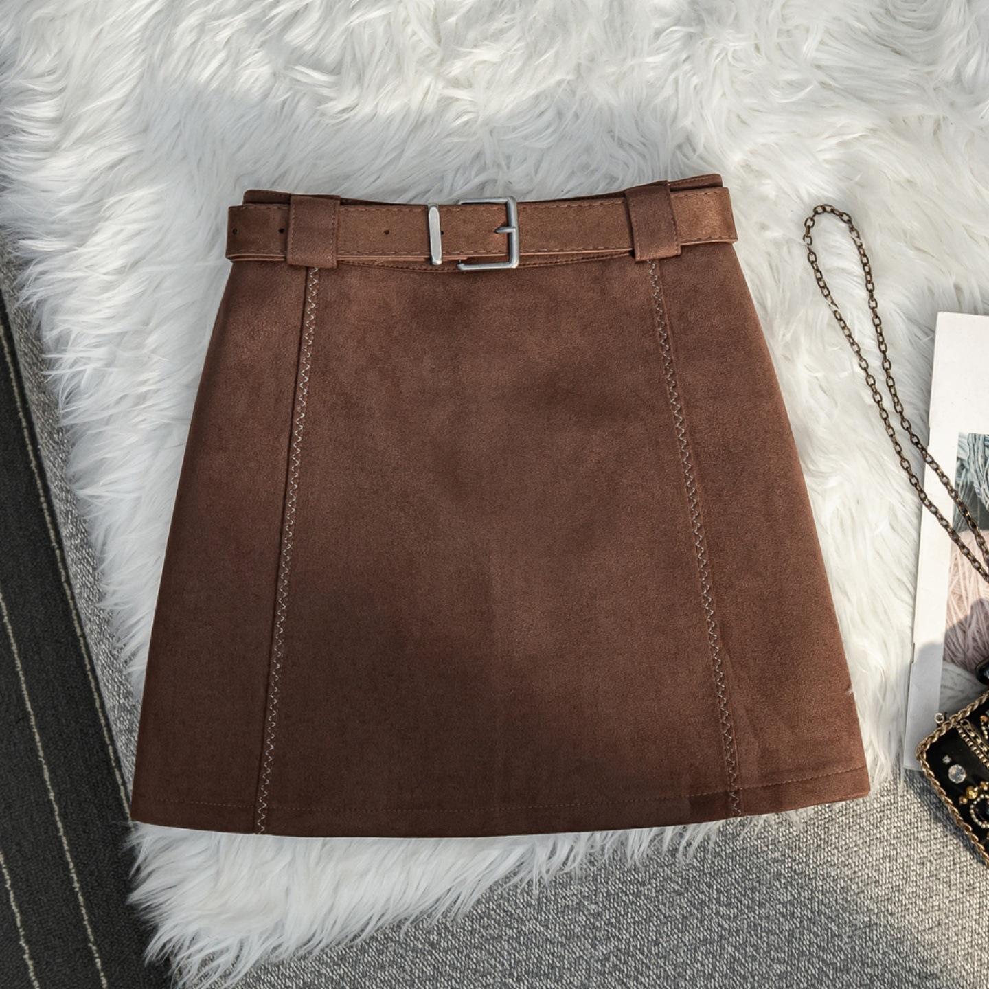 

Plus Size Coffee Color Suede Velvet High Waist A-line Skirt – Anti-exposure, Hip-hugging, Short, for Women XL кофейный