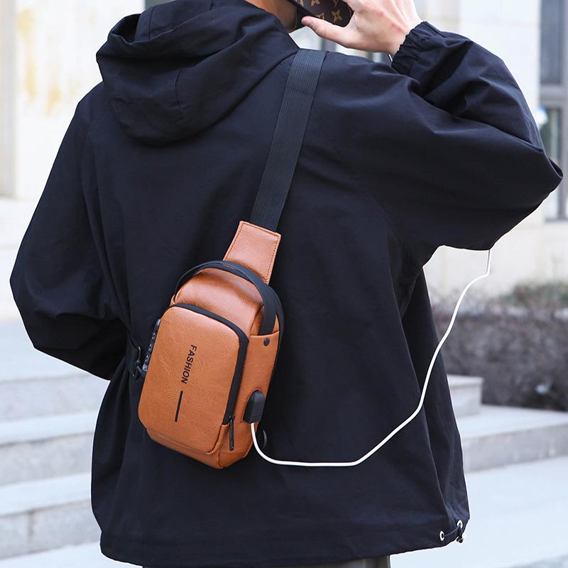 Men's Chest Bag Anti-theft USB Business Messenger Bag Multifunctional Water Repellent Shoulder Bag PU Commuter Backpack Men