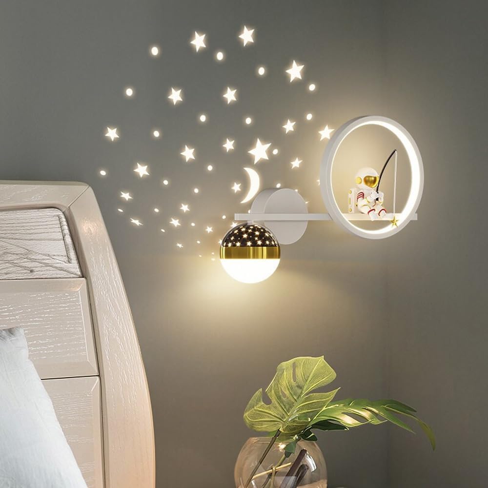 Astronaut Dimmable LED Wall Sconces for Kids Bedroom Moon Star Projection Ball Mid Century Modern Wall Light Gold White Black Bedside Wall Mounted