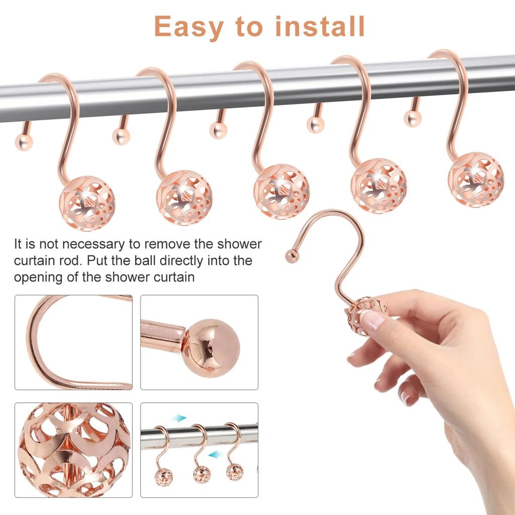 12Pcs Shower Curtain Hooks Metal Anti Rust Hooks Bathroom Accessories Shower Curtain Rings Decorative Hooks for Bathroom Home