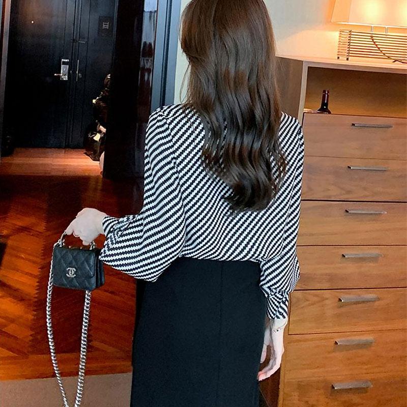 Cămașă Coreeană cu Dungi în Zigzag Primăvară Toamnă Navetă Guler Înalt Gaze Împletite Îmbrăcăminte Femei Modă Decupată Bluză Dreaptă