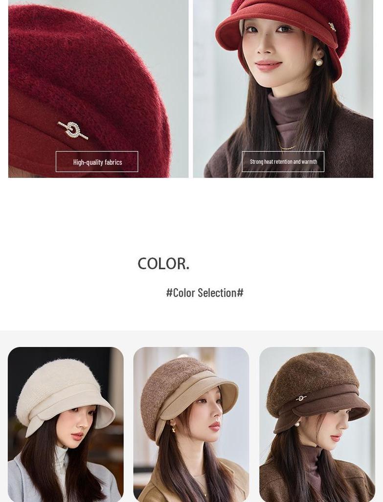 Women's British Style Windproof Beret - Versatile, Warm Metal Label Pleated Painter Hat for Autumn & Winter
