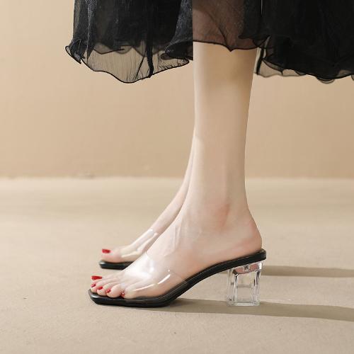 Fashion Women Open Toe Transparent Crystal Heel Thick Sandals Slide Slippers Outdoor Vulcanized Shoes Summer High Heels