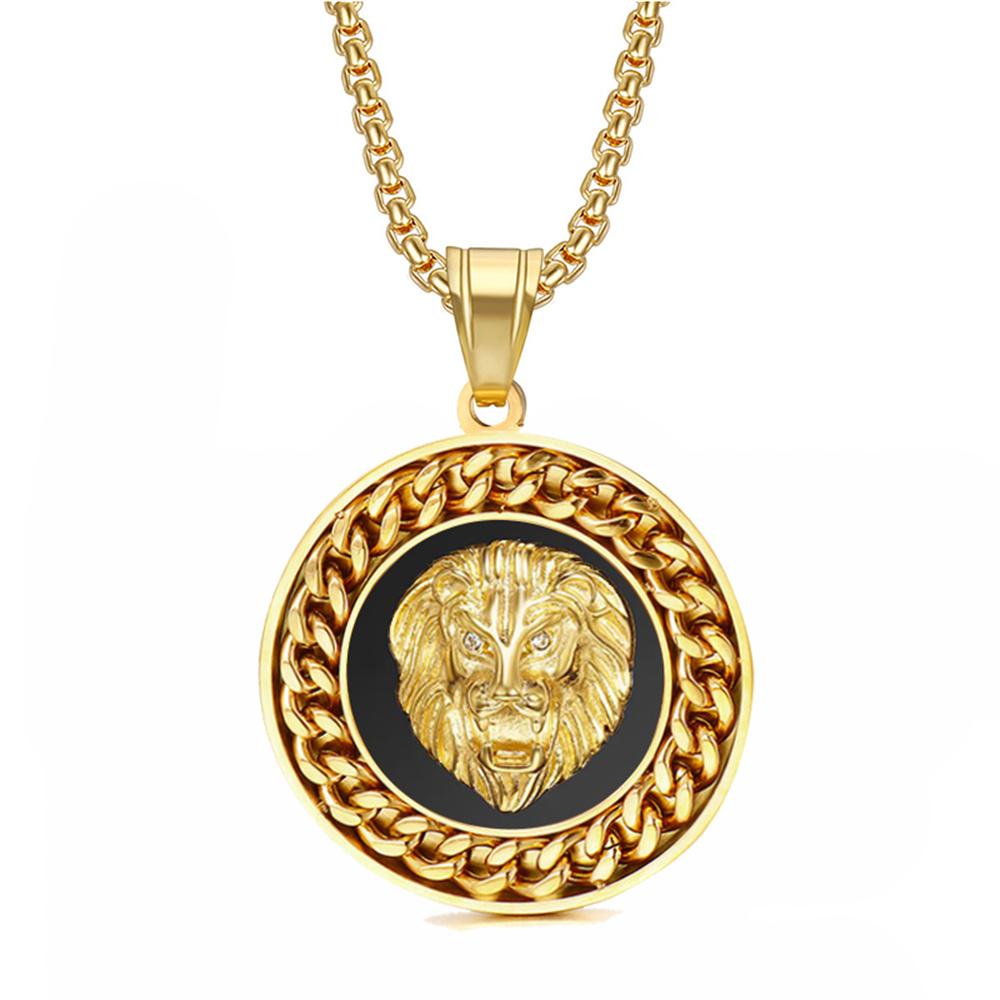 Hiphop Rock Lion Head Pendant With Chain Male Gold Color Stainless Steel Round Necklaces Pendant For Men Fashion Jewelry