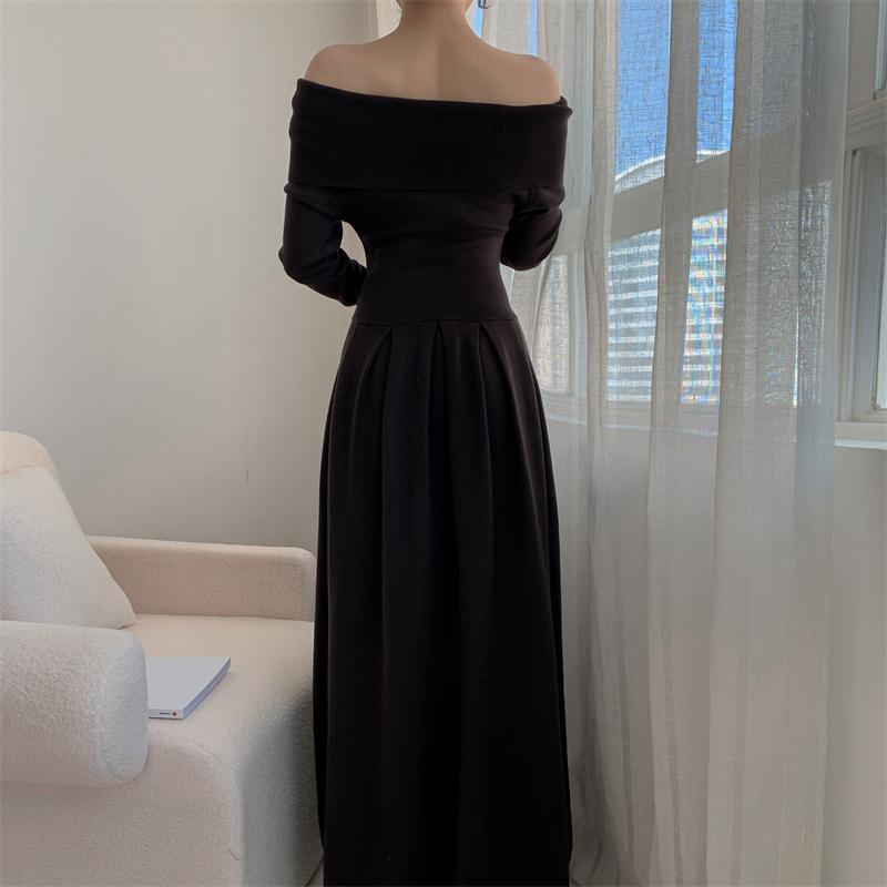 Koreanisches Strickkleid mit Carmen-Ausschnitt für Damen, Herbst, neu, Patchwork, langärmelig, Mode, einfarbig, Party-Langkleid, Winter