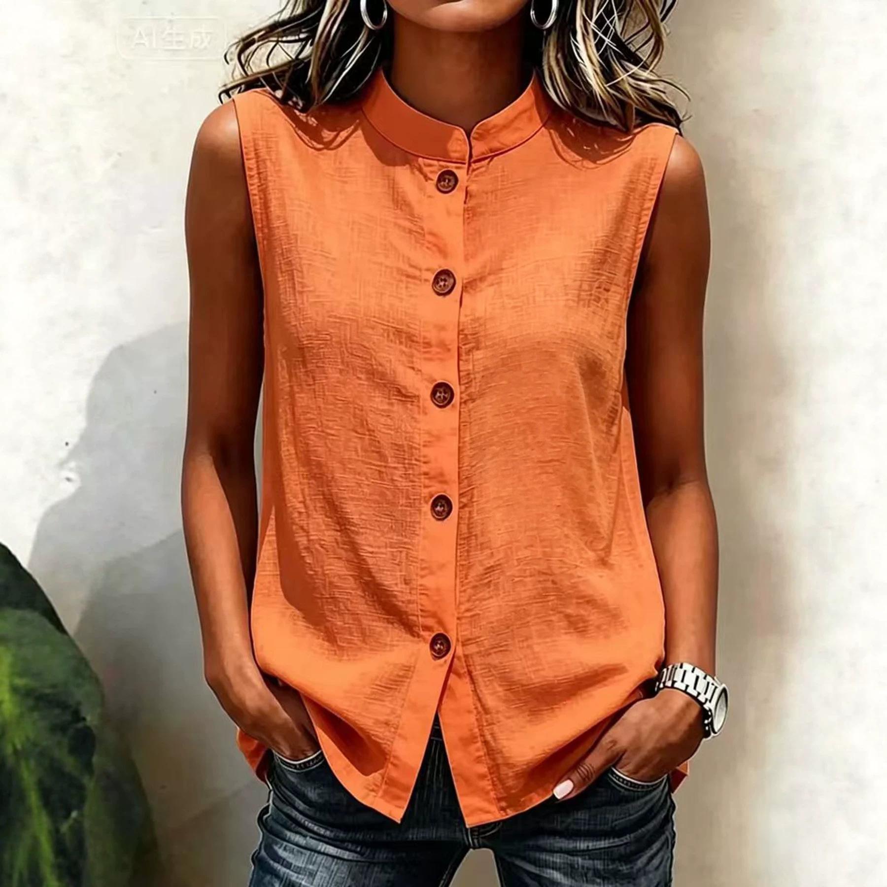 

Women s Stand Collar Sleeveless Button Front Blouse Casual Cotton Linen Solid Color Summer Tank Top 2XL