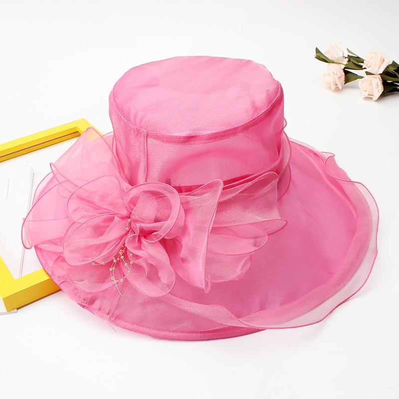 Hat Female Summer Vintage British Style Organza Flower Vacation Big Eaves Beach Sunscreen Flat Top Sun Hat