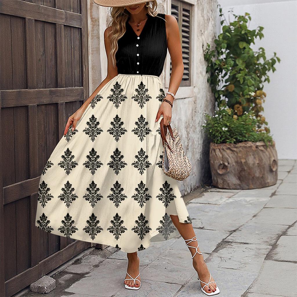 Dámské ležérní a módní šaty střední délky bez rukávů s potiskem a výstřihem do V