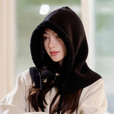 Neuer Herbst- und Winter-Plüschumhang Gestrickte Wollmütze Warme Mütze für Damen Winter-Schal Integrierte Mütze Winddichte Ohrenschutzmütze