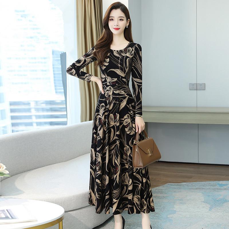 Direct supply g has pockets, autumn clothes, long sleeves, lady's mother covers her belly and looks thin, temperament, knee-length dress