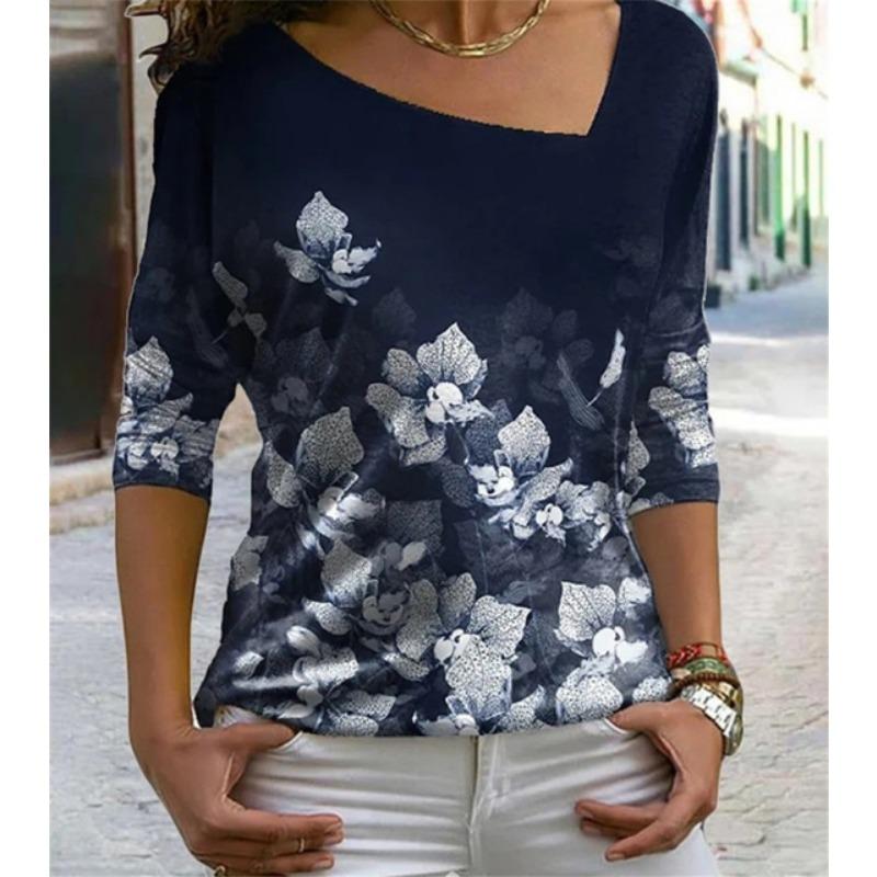

Осенние женские футболки с цветочным принтом 3D с длинным рукавом, модные свободные нерегулярные диагональные воротники, женская одежда, рубашка Harajuku, топ 8XL