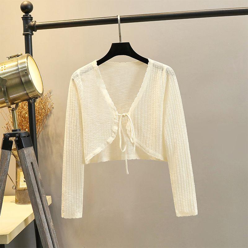 Bows Sun Protection Knit Cardigan Women's Summer Thin Small Waistcoat Short Outer Matching Halter Skirt Shawl Blouse