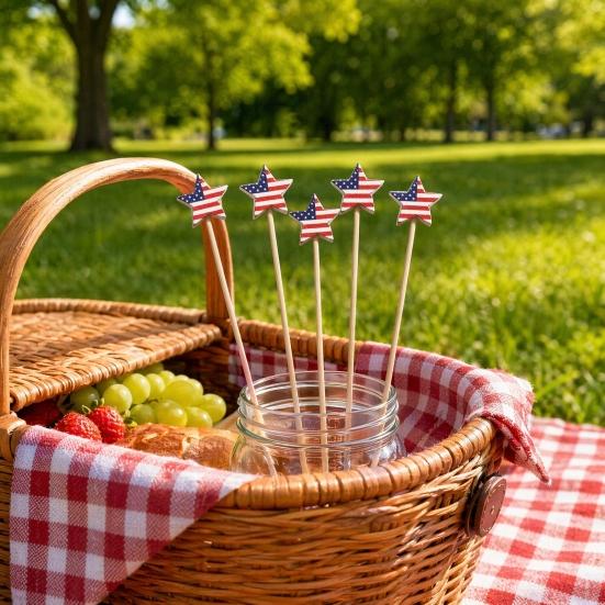 100 PIEZAS Palillos Desechables para Cócteles, Decoración de Estrella del Día de la Independencia, Brochetas de Bambú para Aperitivos Frutas Hamburguesas Pasteles