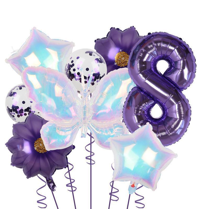 Colorful Large Butterfly Purple Flower 32 Digital Aluminum Film Balloon Set Latex Sequins Birthday Party Decoration