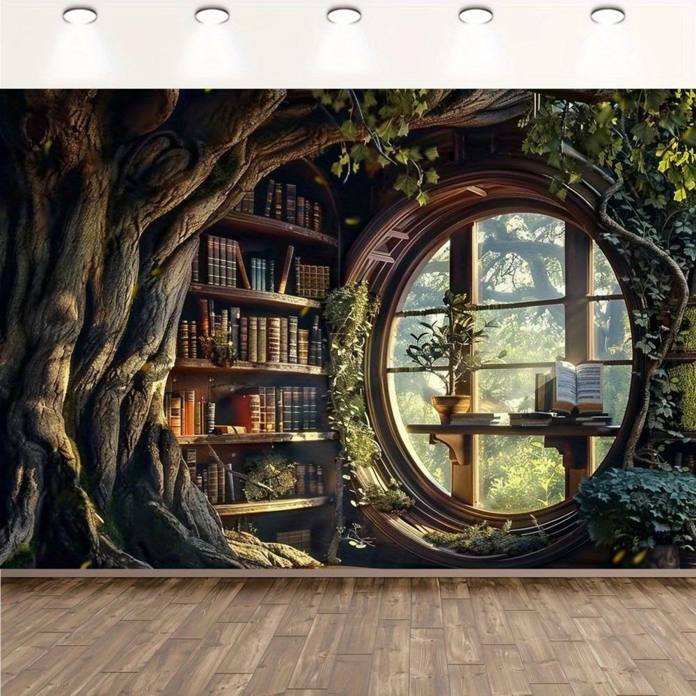 1 Piece Vintage Library Background - Magic Tree Root House with Bookshelves and Arched Windows - S (as the picture,100x150cm)