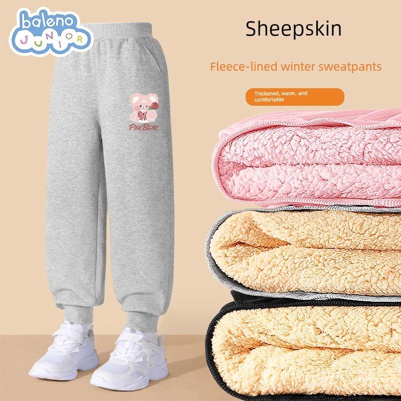 Baleno Children s Fleece-Lined Pants for Girls, Winter Fleece-Lined Thickened Sweatpants for Girls, Lamb Fleece Sweatpants for Older Children Gray # Tb Flower Bear K 110 cm