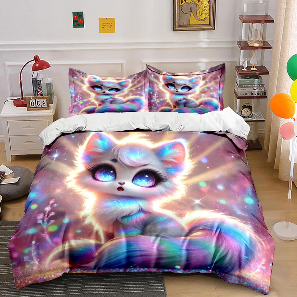 Dreamy Colorful Glowing Cat Duvet Cover Set With 3D Printing Design Soft Polyester Bedding Set All-Season Comfort For Gifts