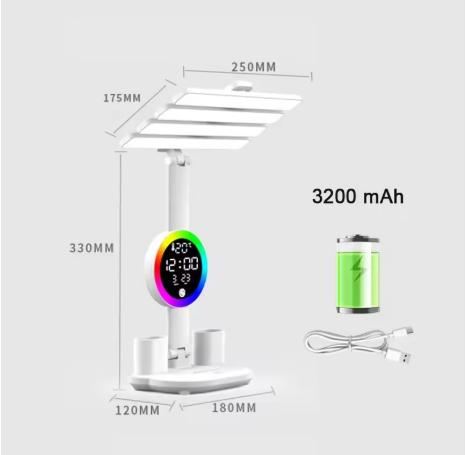 3 In1 Multifunction Table Lamp LED Four-headed Folding with Fan Calendar Clock USB Rechargeable Desk Light 3200mah Reading Lamp