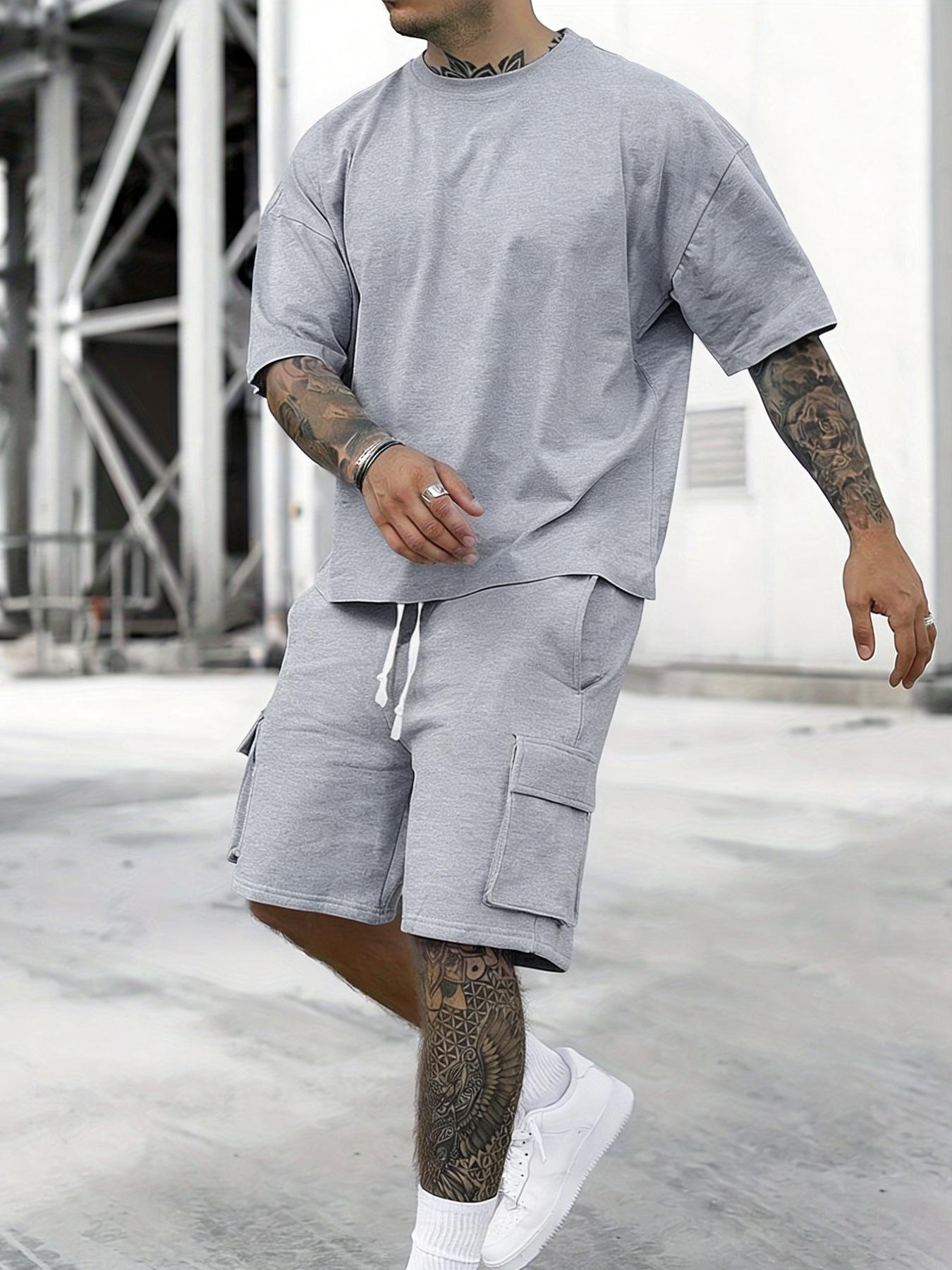 Летняя мода 2025 года: мужская футболка и рабочие шорты – повседневная спортивная одежда Medium светло-серый