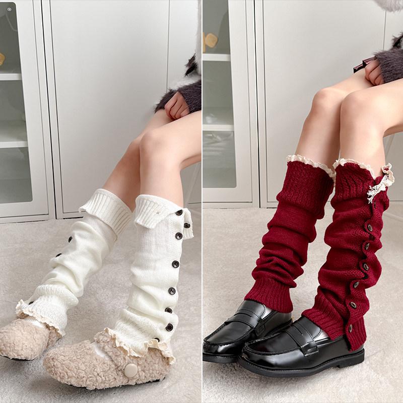 Maillard Rote Spitzensocken für Mädchen - Gemütliche Herbst-/Winter-Strick-Beinwärmer im Y2K-Stil, Perfekt zu Lederschuhen.