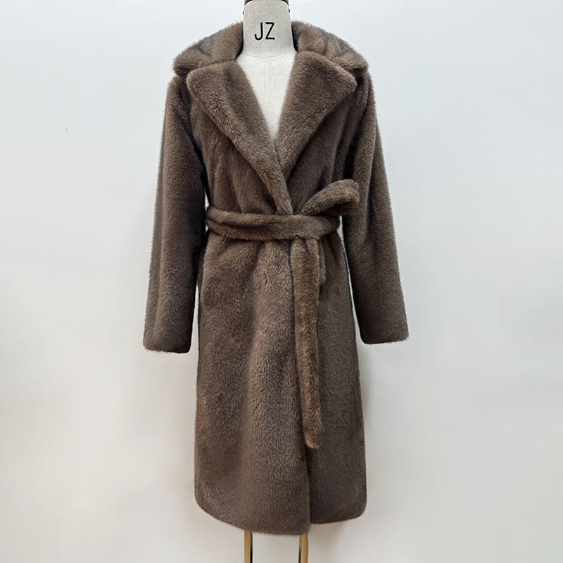 Womens Long Faux Fur Coat With Belt Thick Warm Fashion Outerwear